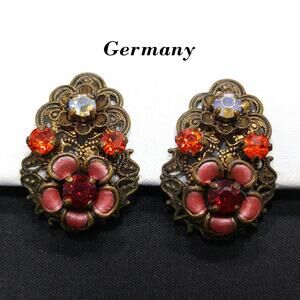 Germany 1940s Red Enamel Filigree Clip Earrings Vintage Rhinestone Floral